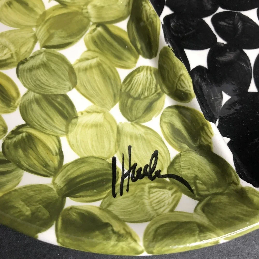 Hand Painted Studio Art Pottery Divided Olive Dish Black Green 7
